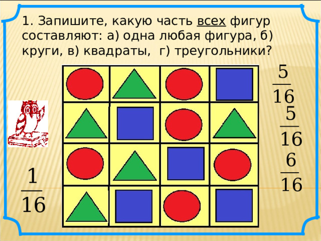1. Запишите, какую часть всех фигур составляют: а) одна любая фигура, б) круги, в) квадраты, г) треугольники? 