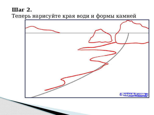 Шаг 2. Теперь нарисуйте края води и формы камней 