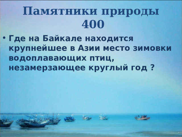 Памятники природы  400 Где на Байкале находится крупнейшее в Азии место зимовки водоплавающих птиц, незамерзающее круглый год ? 