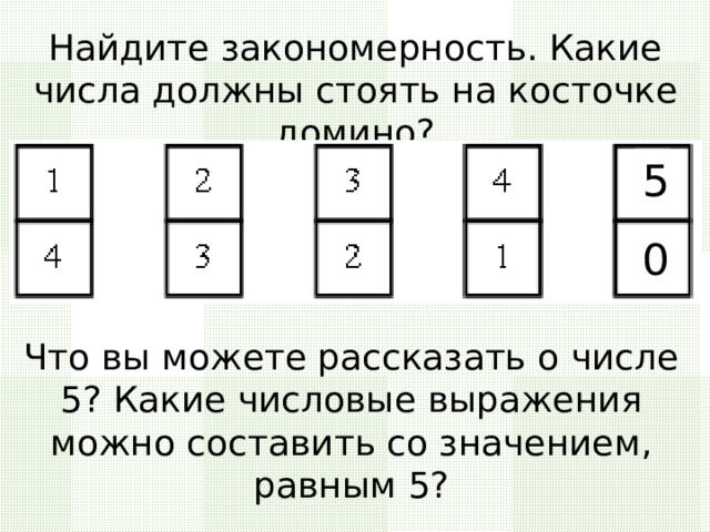 Найдите закономерность. Какие числа должны стоять на косточке домино? 5 0 Что вы можете рассказать о числе 5? Какие числовые выражения можно составить со значением, равным 5? 