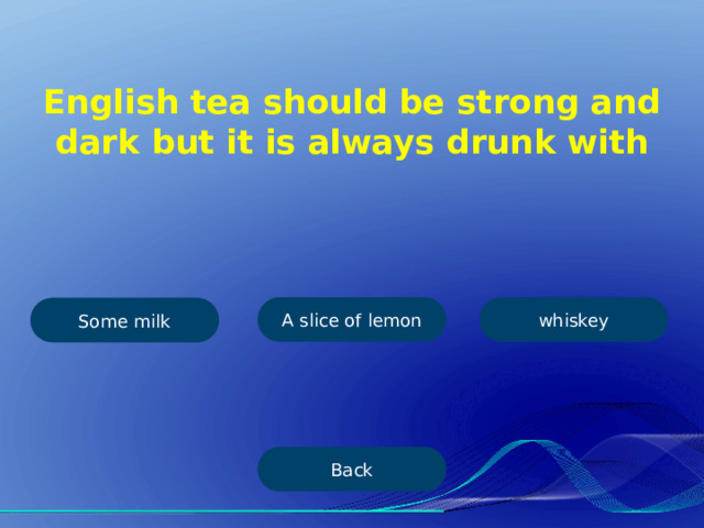 English tea should be strong and dark but it is always drunk with A slice of lemon whiskey Some milk Back 