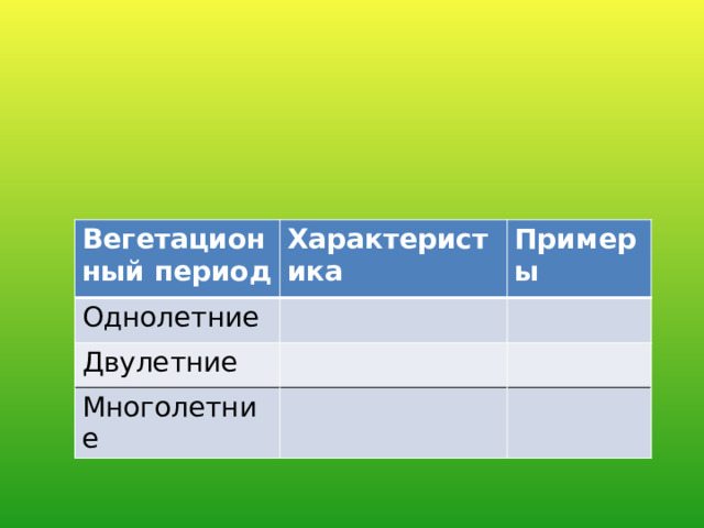 Вегетационный период Характеристика Однолетние Примеры Двулетние Многолетние 