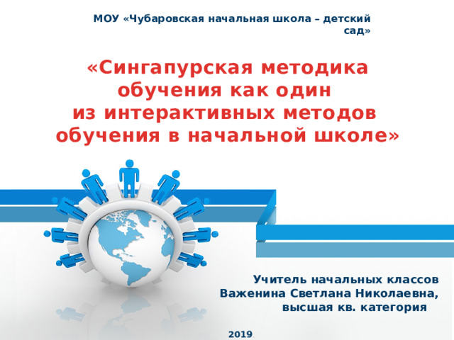 МОУ «Чубаровская начальная школа – детский сад» «Сингапурская методика обучения как один из интерактивных методов обучения в начальной школе» Учитель начальных классов Важенина Светлана Николаевна, высшая кв. категория 2019 . 