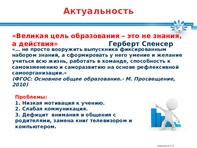 Актуальность  «Великая цель образования – это не знания, а действия» Герберт Спенсер «… не просто вооружить выпускника фиксированным набором знаний, а сформировать у него умение и желание учиться всю жизнь, работать в команде, способность к самоизменению и саморазвитию на основе рефлексивной самоорганизации.»  (ФГОС: Основное общее образование.- М. Просвещение, 2010) Проблемы: 1. Низкая мотивация к учению. 2. Слабая коммуникация. 3. Дефицит внимания и общения с родителями, замена книг телевизором и компьютером. Важенина С.Н. 