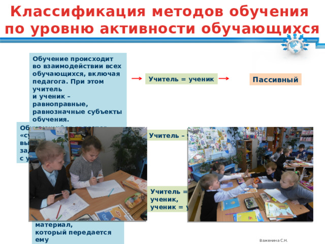 Классификация методов обучения по уровню активности обучающихся  Обучение происходит во взаимодействии всех обучающихся, включая педагога. При этом учитель и ученик – равноправные, равнозначные субъекты обучения. Пассивный Учитель = ученик Обучающийся является «субъектом» обучения, выполняет творческое задания, вступает в диалог с учителем. Интерактивный Учитель – ученик Обучающийся выступает в роли 