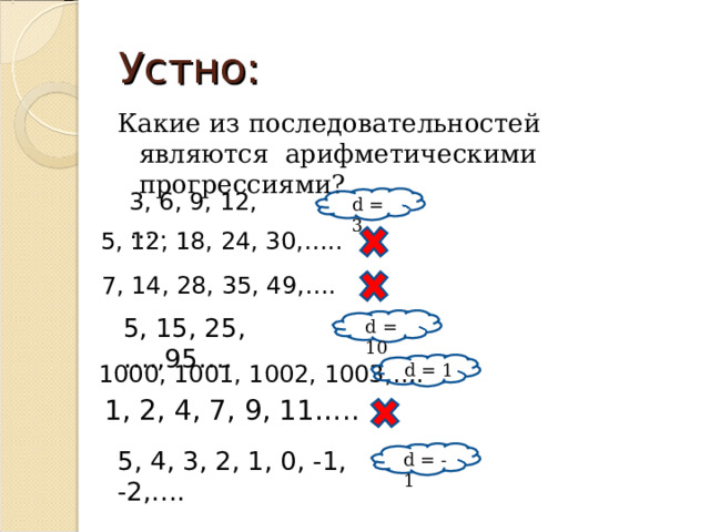 Устно: Какие из последовательностей являются арифметическими прогрессиями? 3, 6, 9, 12, … .. d = 3 5, 12, 18, 24, 30, … .. 7, 14, 28, 35, 49, … . 5, 15, 25, … .,95 … . d = 10 1000, 1001, 1002, 1003, … . d = 1 1, 2, 4, 7, 9, 11 … .. 5, 4, 3, 2, 1, 0, -1, -2, … . d = - 1 