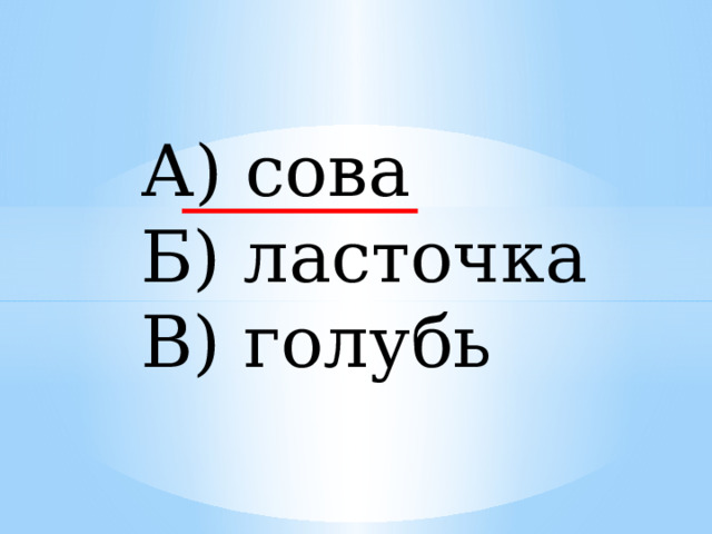 А) сова Б) ласточка В) голубь 