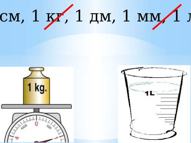 1 см, 1 кг, 1 дм, 1 мм, 1 л. 