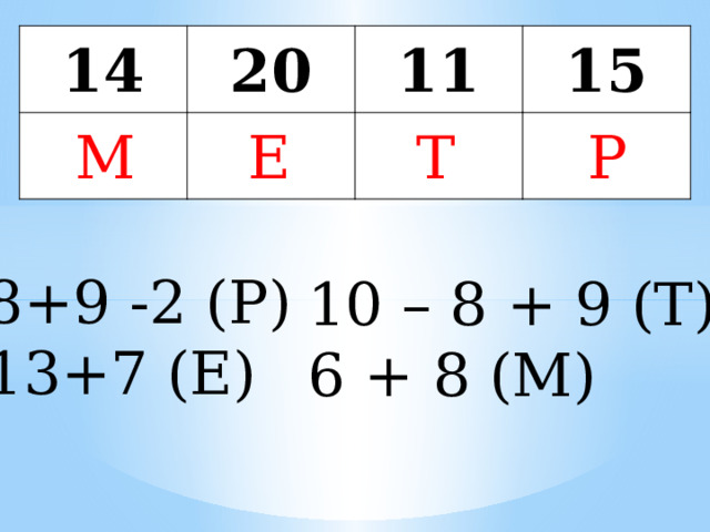 14 20     11 15     Р Е Т М 8+9 -2 (Р) 13+7 (Е) 10 – 8 + 9 (Т) 6 + 8 (М) 