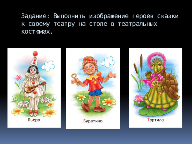 Задание: Выполнить изображение героев сказки к своему театру на столе в театральных костюмах. 