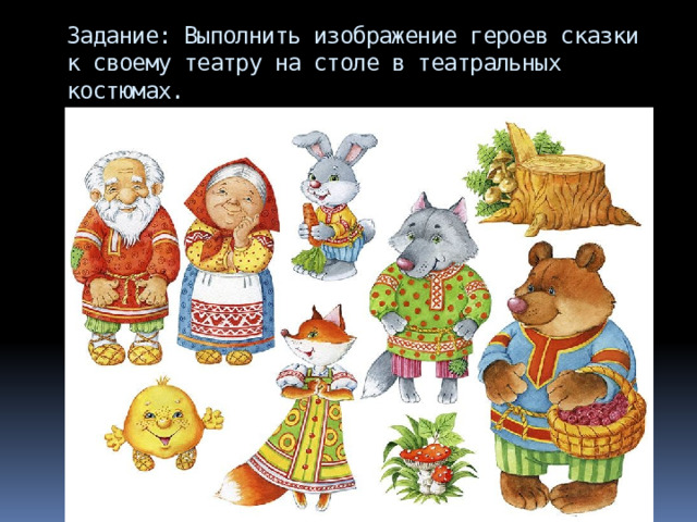 Задание: Выполнить изображение героев сказки к своему театру на столе в театральных костюмах. 