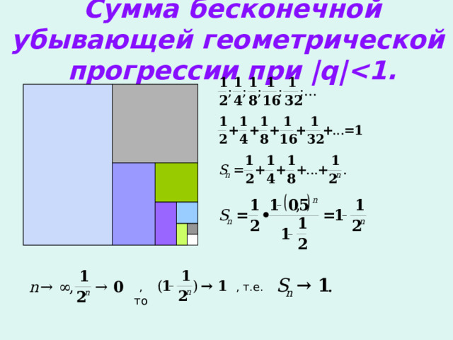 Сумма бесконечной убывающей геометрической прогрессии при |q| , то , т.е. 