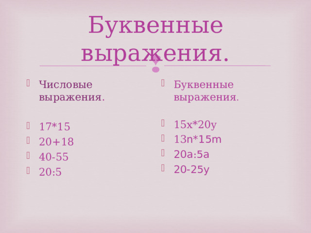 Буквенные выражения. Числовые выражения .  17*15 20+18 40-55 20:5  Буквенные выражения .  15х*20у 13 n*15m 20a : 5a 20-25y 