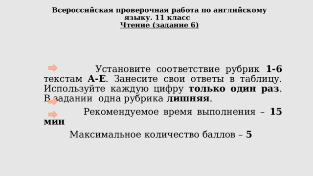 Всероссийская проверочная работа по английскому языку. 11 класс  Чтение (задание 6)  Установите соответствие рубрик 1-6 текстам A-E . Занесите свои ответы в таблицу. Используйте каждую цифру только один раз . В задании одна рубрика лишняя .  Рекомендуемое время выполнения – 15 мин  Максимальное количество баллов – 5 