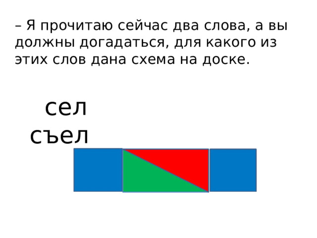 – Я прочитаю сейчас два слова, а вы должны догадаться, для какого из этих слов дана схема на доске.  сел съел 