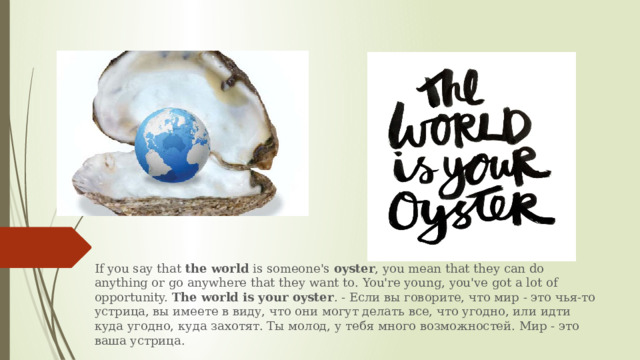 If you say that  the world  is someone's  oyster , you mean that they can do anything or go anywhere that they want to. You're young, you've got a lot of opportunity.  The world is your oyster . - Если вы говорите, что мир - это чья-то устрица, вы имеете в виду, что они могут делать все, что угодно, или идти куда угодно, куда захотят. Ты молод, у тебя много возможностей. Мир - это ваша устрица. 