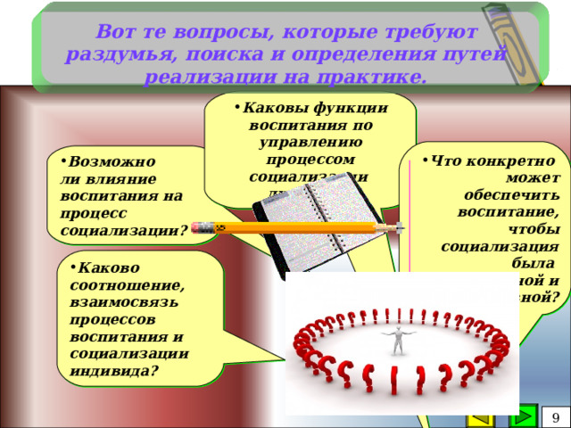 Вот те вопросы, которые требуют раздумья, поиска  и определения путей реализации на практике. Каковы функции воспитания по управлению процессом социализации личности? Что конкретно может обеспечить воспитание, чтобы социализация была успешной и позитивной? Возможно ли влияние воспитания на процесс социализации? Каково соотношение, взаимосвязь процессов воспитания и социализации индивида?  9 