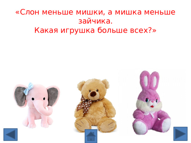 «Слон меньше мишки, а мишка меньше зайчика.  Какая игрушка больше всех?»   