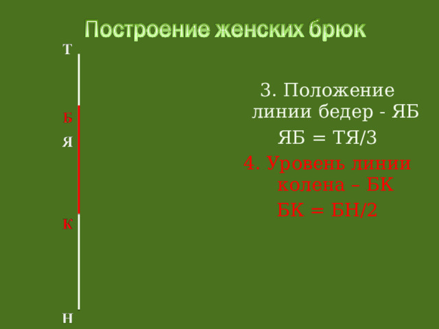 3. Положение линии бедер - ЯБ ЯБ = ТЯ/3 4. Уровень линии колена – БК БК = БН/2 