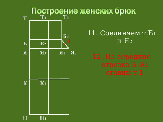 11. Соединяем т.Б 1 и Я 2 12. На середине отрезка Б 1 Я 2 ставим т.1 