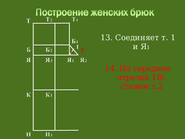 13. Соединяет т. 1 и Я 1 14. На середине отрезка 1Я 1 ставим т.2 