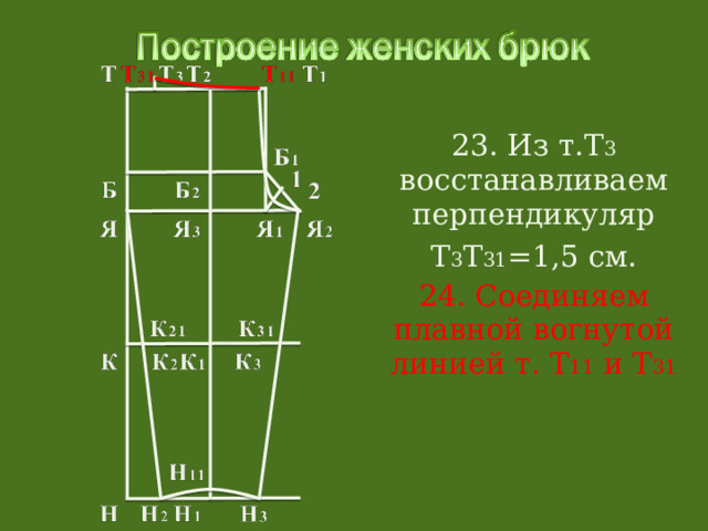 23. Из т.Т 3 восстанавливаем перпендикуляр Т 3 Т 31 =1,5 см. 24. Соединяем плавной вогнутой линией т. Т 11 и Т 31 