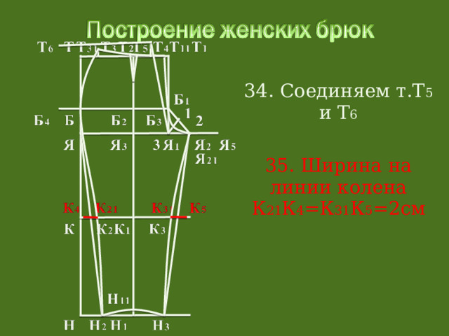 34. Соединяем т.Т 5 и Т 6 35. Ширина на линии колена К 21 К 4 =К 31 К 5 =2см 