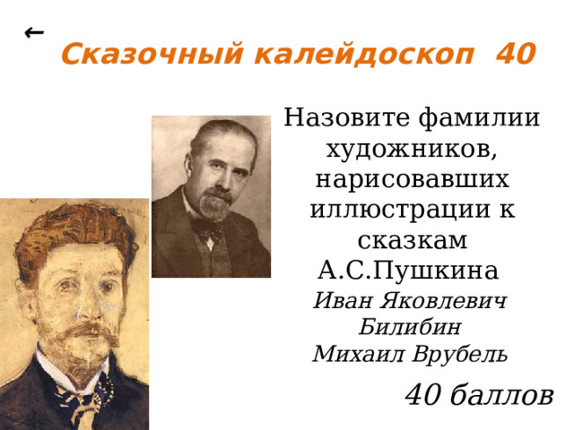 ← Сказочный калейдоскоп 40 Назовите фамилии художников, нарисовавших иллюстрации к сказкам А.С.Пушкина Иван Яковлевич Билибин  Михаил Врубель 40 баллов 