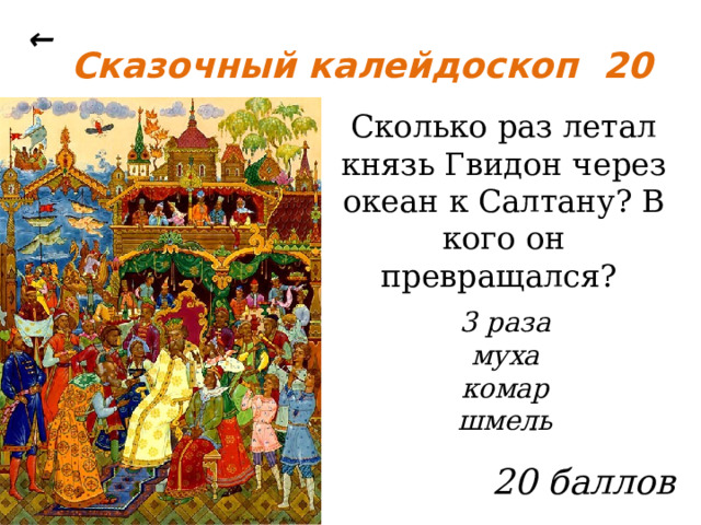 ← Сказочный калейдоскоп 20 Сколько раз летал князь Гвидон через океан к Салтану? В кого он превращался? 3 раза муха комар шмель  20 баллов 