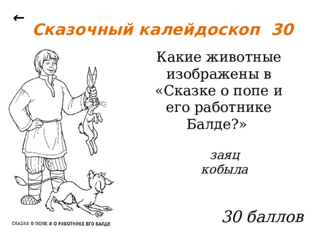 ← Сказочный калейдоскоп 30 Какие животные изображены в «Сказке о попе и его работнике Балде?»  заяц кобыла  30 баллов 