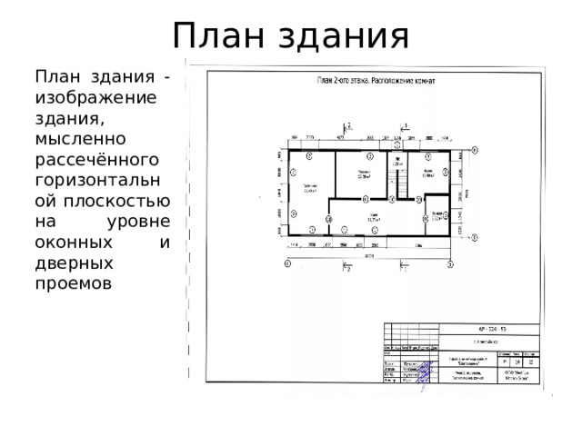 План здания План здания - изображение здания, мысленно рассечённого горизонтальной плоскостью на уровне оконных и дверных проемов 