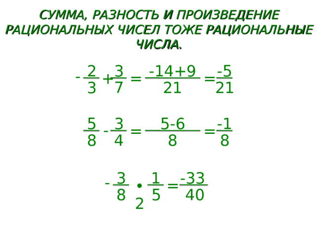 СУММА, РАЗНОСТЬ И ПРОИЗВЕДЕНИЕ РАЦИОНАЛЬНЫХ ЧИСЕЛ ТОЖЕ РАЦИОНАЛЬНЫЕ ЧИСЛА. 2 -5 -14+9 3 - + = = 21 21 3 7 5 3 5-6 -1 - = = 4 8 8 8 3 1 -33 - ∙ 2 = 8 5 40  