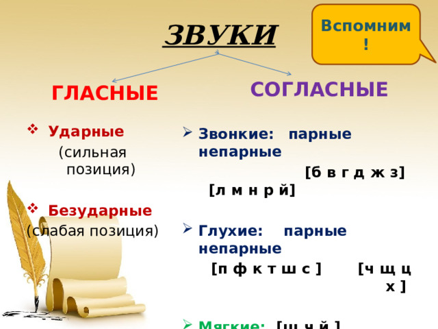 Вспомним! ЗВУКИ ГЛАСНЫЕ   СОГЛАСНЫЕ  Звонкие:  парные непарные  [б в г д ж з] [л м н р й]  Глухие:  парные непарные  [п ф к т ш с ] [ч щ ц х ]  Мягкие: [щ ч й ] Твёрдые: [ж ш ц ]   Ударные (сильная позиция)  Безударные (слабая позиция) 