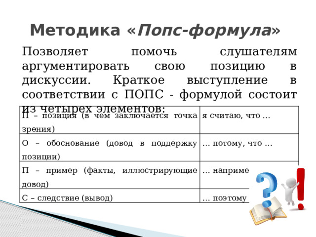Методика « Попс-формула » Позволяет помочь слушателям аргументировать свою позицию в дискуссии. Краткое выступление в соответствии с ПОПС - формулой состоит из четырех элементов: П – позиция (в чем заключается точка зрения) О – обоснование (довод в поддержку позиции) я считаю, что … П – пример (факты, иллюстрирующие довод) … потому, что … … например … С – следствие (вывод) … поэтому … 