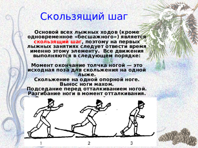 Скользящий шаг Основой всех лыжных ходов (кроме одновременное «бесшажного») является скользящий шаг , поэтому на первых лыжных занятиях следует отвести время именно этому элементу. Все движения выполняются в следующем порядке:  Момент окончание толчка ногой — это исходная поза для скольжения на одной лыже. Скольжение на одной опорной ноге. Вынос ноги махом. Подседание перед отталкиванием ногой. Разгибание ноги в момент отталкивания. Окончание толчка ногой, полное ее выпрямление. 