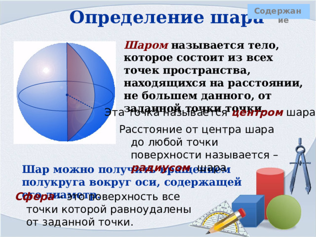 Определение шара Содержание Шаром  называется тело, которое состоит из всех точек пространства, находящихся на расстоянии, не большем данного, от заданной точки точки. Эта точка называется центром шара. Расстояние от центра шара до любой точки поверхности называется – радиусом шара Шар можно получить вращением полукруга вокруг оси, содержащей его диаметр. Сфера – это поверхность все точки которой равноудалены от заданной точки. 