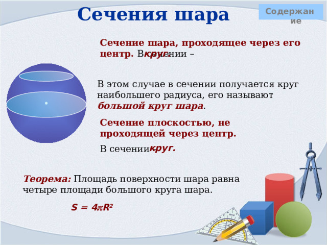 Сечения шара Содержание Сечение шара, проходящее через его центр. В сечении – круг. В этом случае в сечении получается круг наибольшего радиуса, его называют большой круг шара . Сечение плоскостью, не проходящей через центр.  В сечении – круг. Теорема: Площадь поверхности шара равна четыре площади большого круга шара. S = 4  R 2 