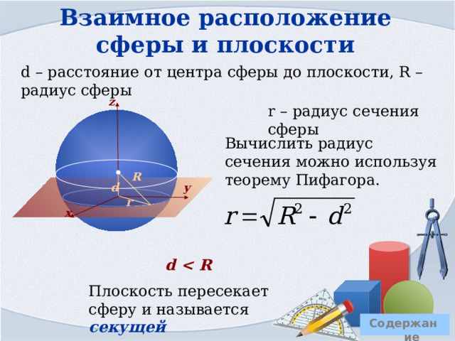 Взаимное расположение сферы и плоскости d – расстояние от центра сферы до плоскости, R – радиус сферы z r – радиус сечения сферы Вычислить радиус сечения можно используя теорему Пифагора. R d y r x d  Плоскость пересекает сферу и называется секущей Содержание 