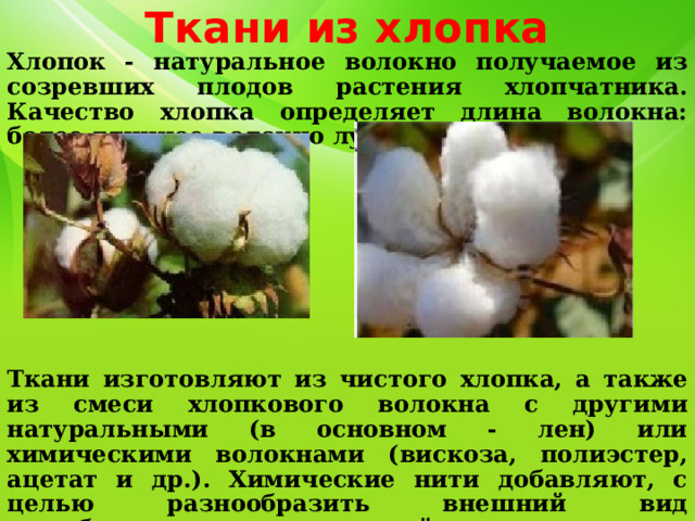 Ткани из хлопка Хлопок - натуральное волокно получаемое из созревших плодов растения хлопчатника. Качество хлопка определяет длина волокна: более длинное волокно лучше и дороже. Ткани изготовляют из чистого хлопка, а также из смеси хлопкового волокна с другими натуральными (в основном - лен) или химическими волокнами (вискоза, полиэстер, ацетат и др.). Химические нити добавляют, с целью разнообразить внешний вид вырабатываемых тканей, уменьшить сминаемость и увеличить прочность к истиранию. 