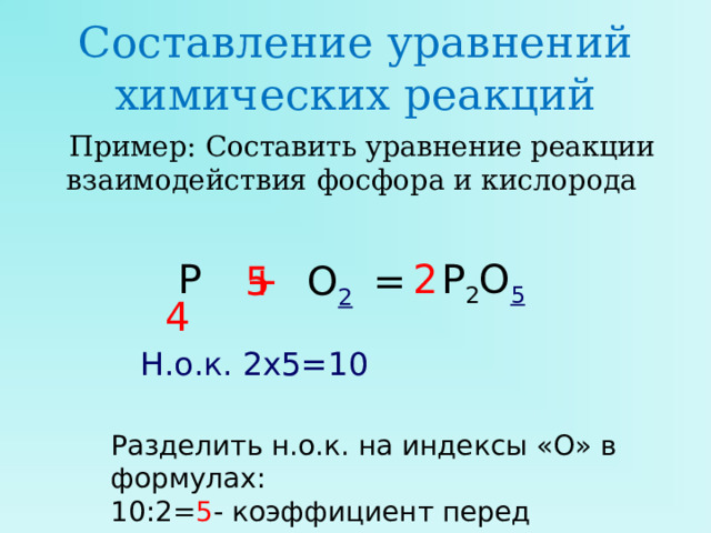 Составление уравнений химических реакций  Пример: Составить уравнение реакции взаимодействия фосфора и кислорода  4 P  2 P 2 O 5 + 5 O 2  = Н.о.к. 2х5=10 Разделить н.о.к. на индексы «О» в формулах: 10:2= 5 - коэффициент перед кислородом. 10:5= 2 -коэффициент перед оксидом фосфора 