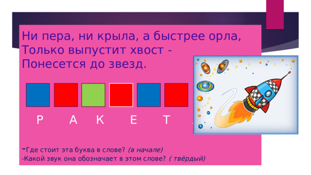  Ни пера, ни крыла, а быстрее орла,   Только выпустит хвост -   Понесется до звезд.         Р А К Е Т А   - Где стоит эта буква в слове? (в начале)  -Какой звук она обозначает в этом слове? ( твёрдый)   
