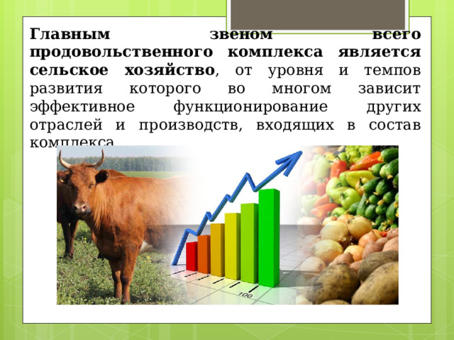 Главным звеном всего продовольственного комплекса является сельское хозяйство , от уровня и темпов развития которого во многом зависит эффективное функционирование других отраслей и производств, входящих в состав комплекса. 