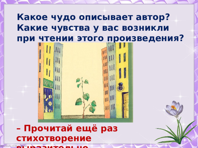 Какое чудо описывает автор?  Какие чувства у вас возникли при чтении этого произведения?    – Прочитай ещё раз стихотворение выразительно.   