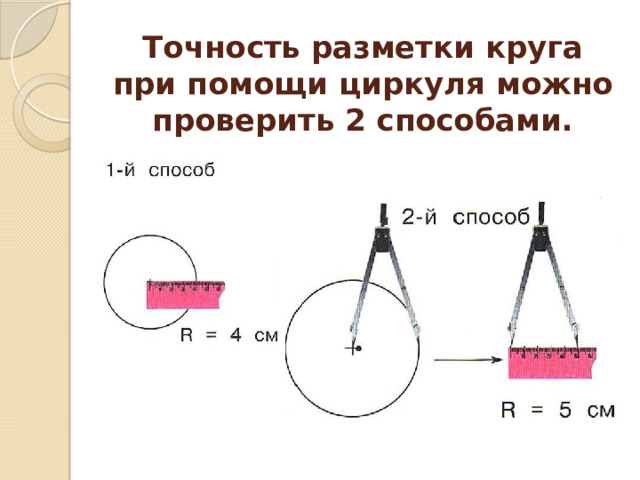 Точность разметки круга при помощи циркуля можно проверить 2 способами. 