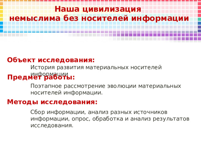 Наша цивилизация  немыслима без носителей информации Объект исследования: История развития материальных носителей информации Предмет работы: Поэтапное рассмотрение эволюции материальных носителей информации. Методы исследования: Сбор информации, анализ разных источников информации, опрос, обработка и анализ результатов исследования. 