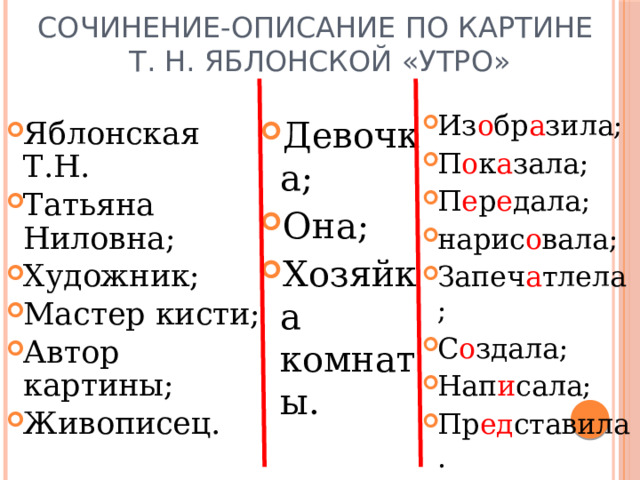 Сочинение-описание по картине  Т. Н. Яблонской «Утро» Из о бр а зила; П о к а зала; П е р е дала; нарис о вала; Запеч а тлела; С о здала; Нап и сала; Пр ед ставила. Девочка; Она; Хозяйка комнаты. Яблонская Т.Н. Татьяна Ниловна; Художник; Мастер кисти; Автор картины; Живописец. 