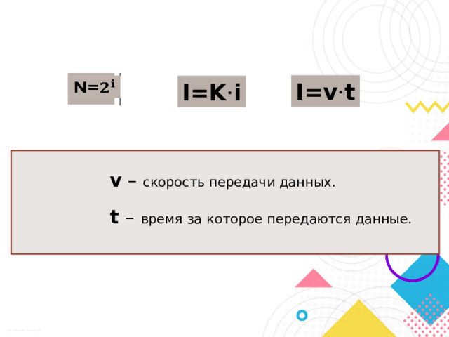 N=   I=v · t I=K · i v – скорость передачи данных. t – время за которое передаются данные. 