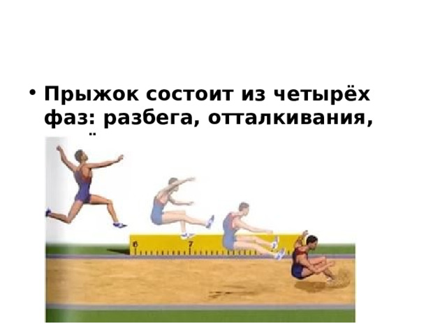 Прыжок состоит из четырёх фаз: разбега, отталкивания, полёта и приземления.  