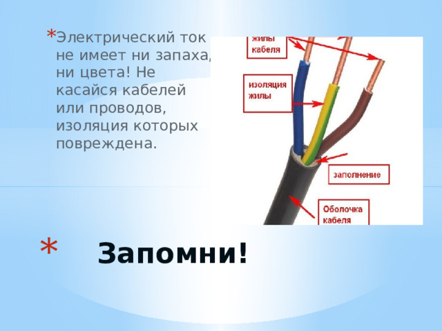 Электрический ток не имеет ни запаха, ни цвета! Не касайся кабелей или проводов, изоляция которых повреждена.  Запомни! 
