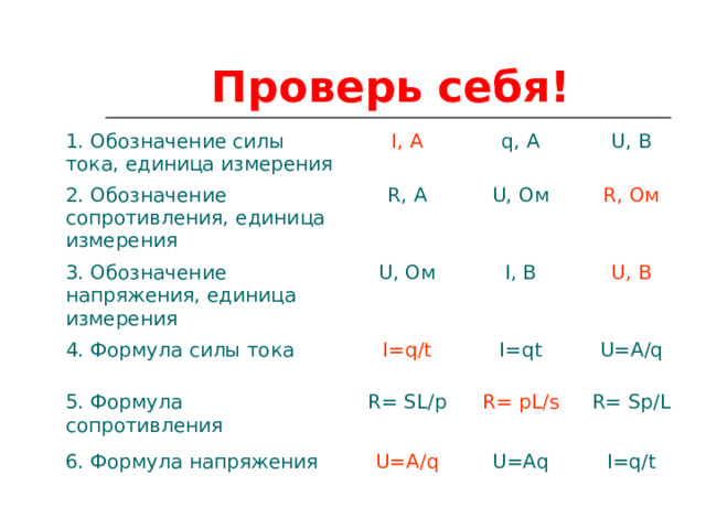 Проверь себя! 1. Обозначение силы тока, единица измерения I, A 2. Обозначение сопротивления, единица измерения R, A q, A 3. Обозначение напряжения, единица измерения U, В U, Ом U, Ом 4. Формула силы тока I=q/t R, Ом I, В 5. Формула сопротивления 6. Формула напряжения R= SL/p U, В I=qt U=A/q U=A/q R= pL/s R= Sp/L U=Aq I=q/t 